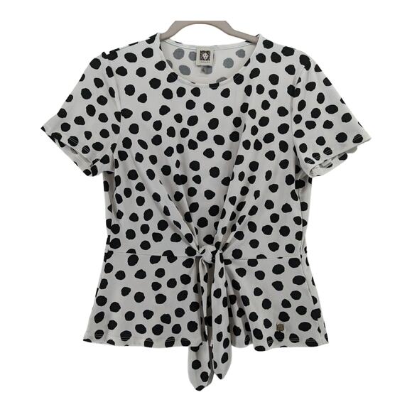 Anne Klein Polka Dot Print Blouse Medium Black White‎ Front Tie Top Short Sleeve - Picture 1 of 11
